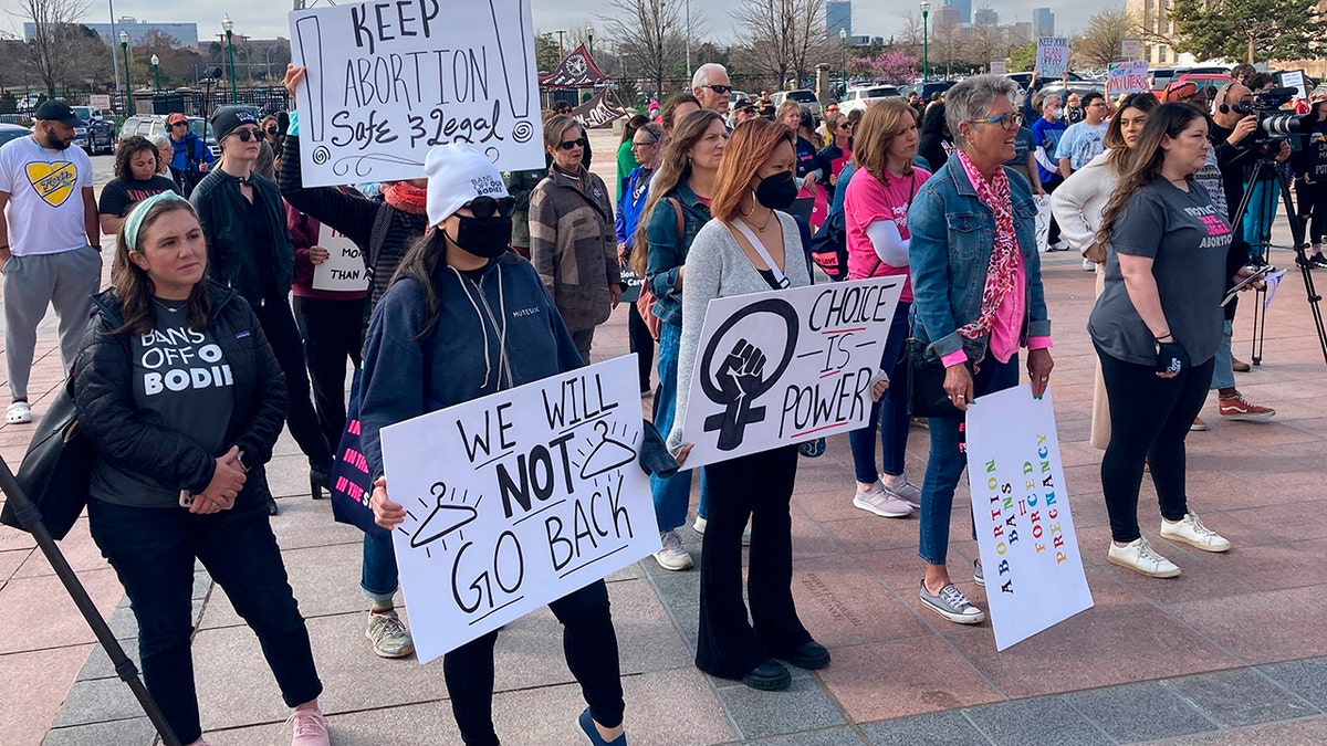 Abortion rights advocates gather outside the Oklahoma Capitol on Tuesday, April 5, 2022, in Oklahoma City, to protest several anti-abortion bills being considered by the GOP-led Legislature.