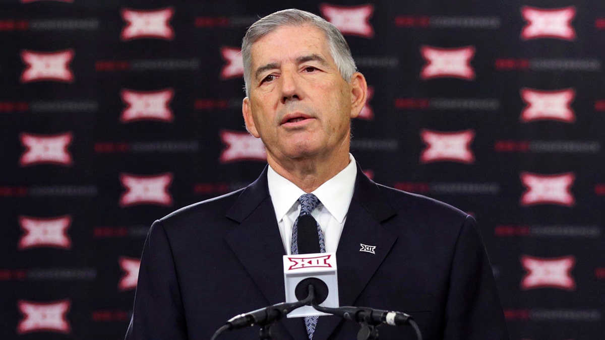 Big 12 commissioner Bob Bowlsby speaks to reporters during the Big 12 NCAA college football media day in Frisco, Texas on July 17, 2017. 