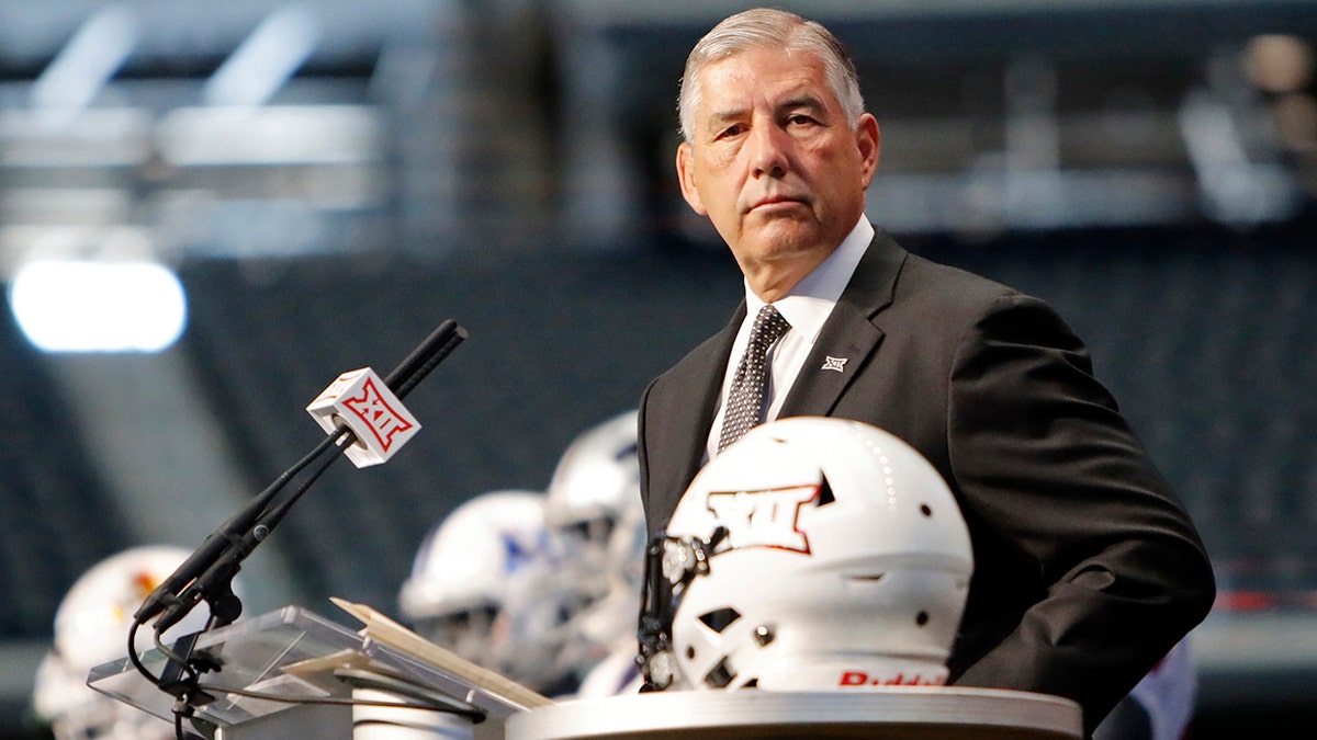 Big 12 Conference commissioner Bob Bowlsby takes the stage on the first day of Big 12 Conference NCAA college football media days on July 15, 2019, in Arlington, Texas.