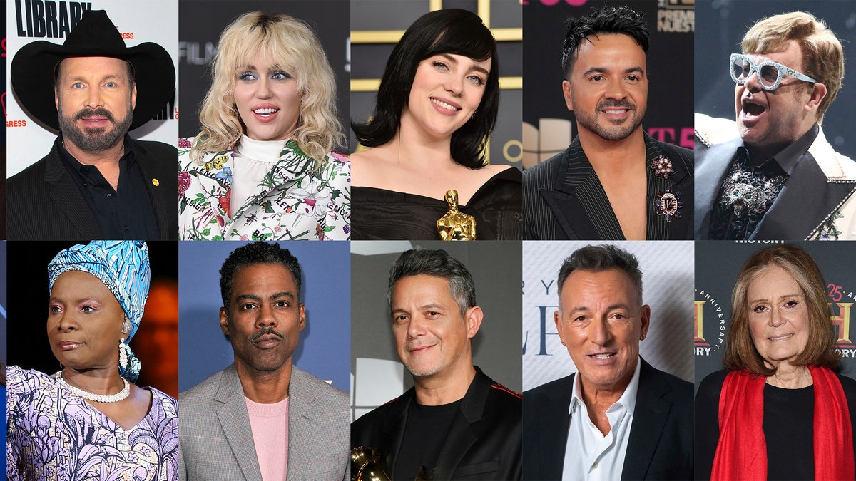 This combination of photos shows, top row from left, Jon Bon Jovi, Garth Brooks, Miley Cyrus, Billie Eilish, Luis Fonsi, Elton John, bottom row from left, Juanes, Angélique Kidjo, Chris Rock, Alejandro Sanz, Bruce Springsteen and Gloria Steinem, who are among the celebrities expected to participate in a Global Citizen-organized social media rally to show support for Ukraine.