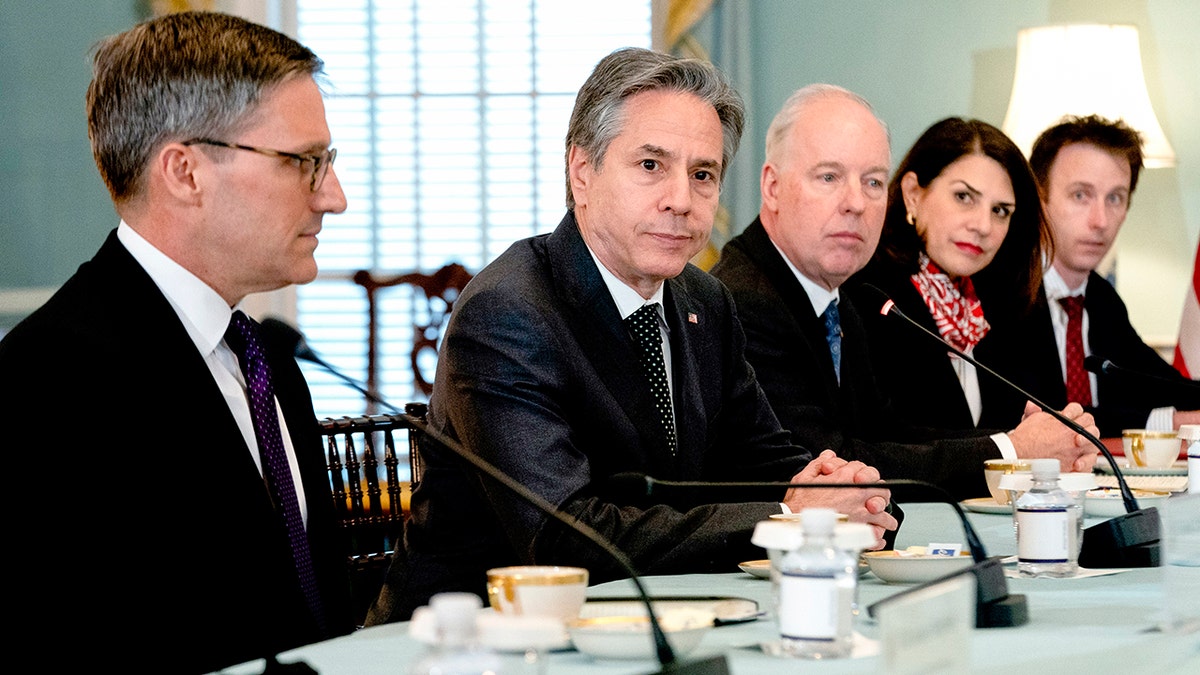 Secretary of State Antony Blinken hosts a bilateral meeting with Moldovan Minister of Foreign Affairs Nicu Popescu at the State Department in Washington, Monday, April 18, 2022. (Stefani Reynolds/Pool via AP)