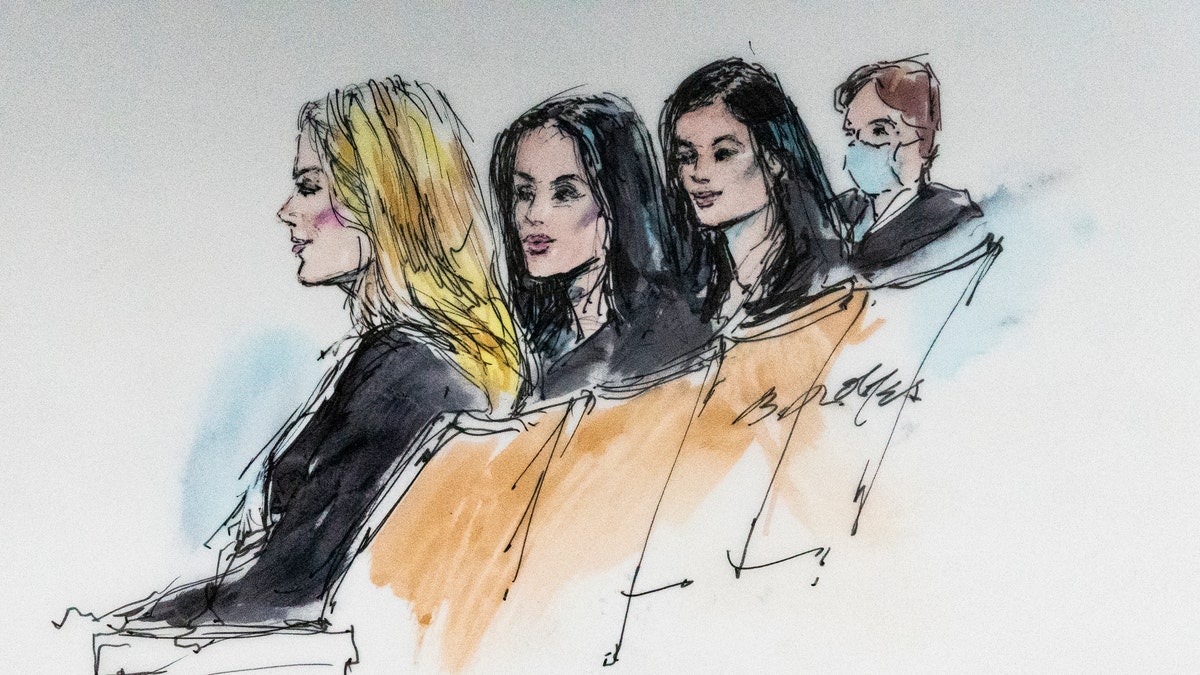 In this courtroom artist sketch, Khloe Kardashian, from left, Kim Kardashian, Kylie Jenner and Kris Jenner sit in court in Los Angeles, Tuesday, April 19, 2022.