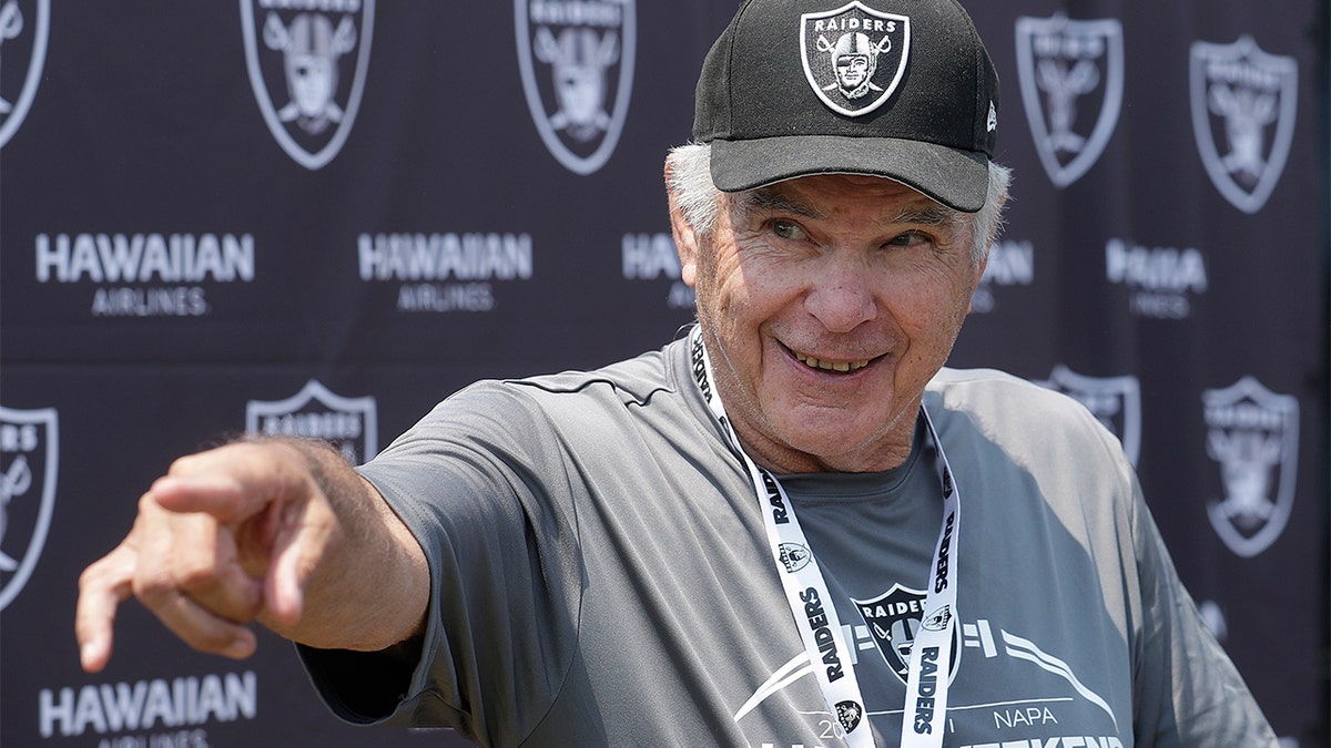 Former NFL football player Daryle Lamonica speaks at a news conference as part of Oakland Raiders alumni weekend after a Raiders NFL football practice in Napa, Calif., Saturday, July 28, 2018. 