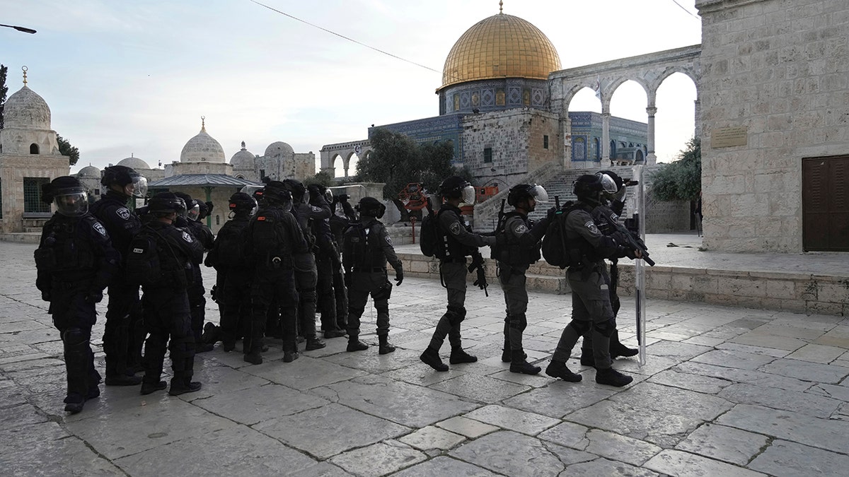Israeli police deploy in the Al Aqsa Mosque compound in Jerusalem's Old City, Friday, April 22, 2022. 