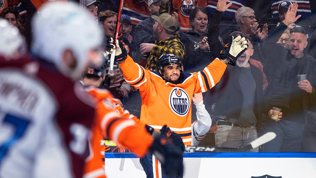Edmonton Oilers' Evander Kane celebrates during a game
