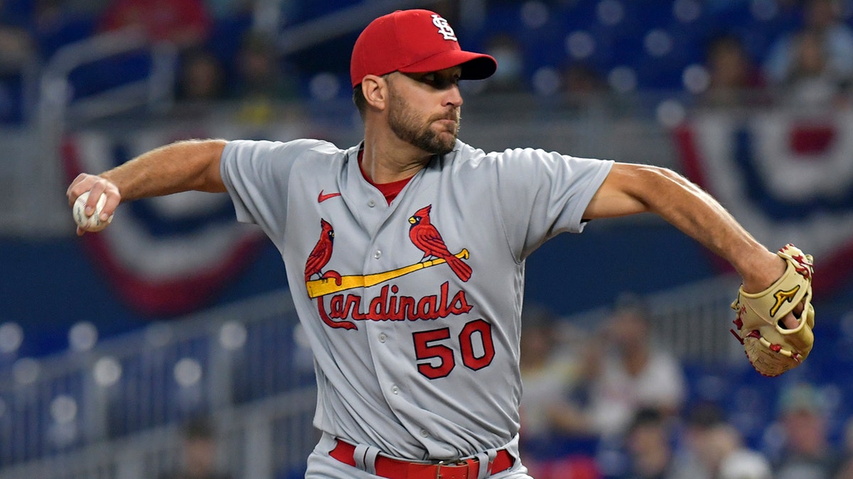 St. Louis Cardinals' starting pitcher Adam Wainwright delivers against the Miami Marlins during the first inning of a baseball game Tuesday, April 19, 2022, in Miami.