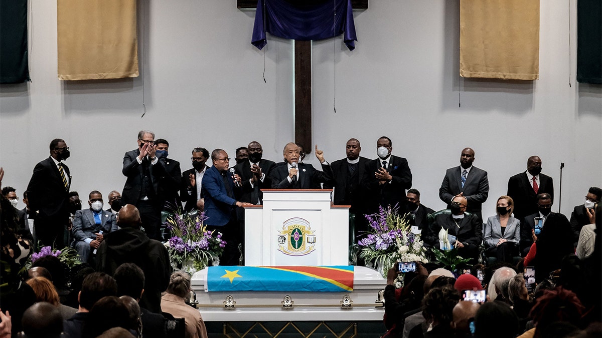 Rev. Al Sharpton delivers the eulogy at the funeral of Patrick Lyoya, who was shot and killed by a Grand Rapids Police officer during a traffic stop on April 4, at Renaissance Church of God in Christ in Grand Rapids, Michigan, April 22, 2022. REUTERS/Michael A. McCoy