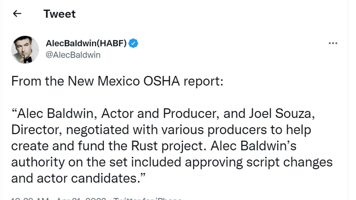Alec Baldwin tweeted a portion of OSHA's report.