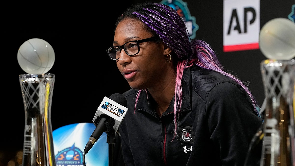 South Carolina's Aliyah Boston speaks after receiving the AP Player of the Year award at a news conference at the Women's Final Four NCAA tournament Thursday, March 31, 2022, in Minneapolis.