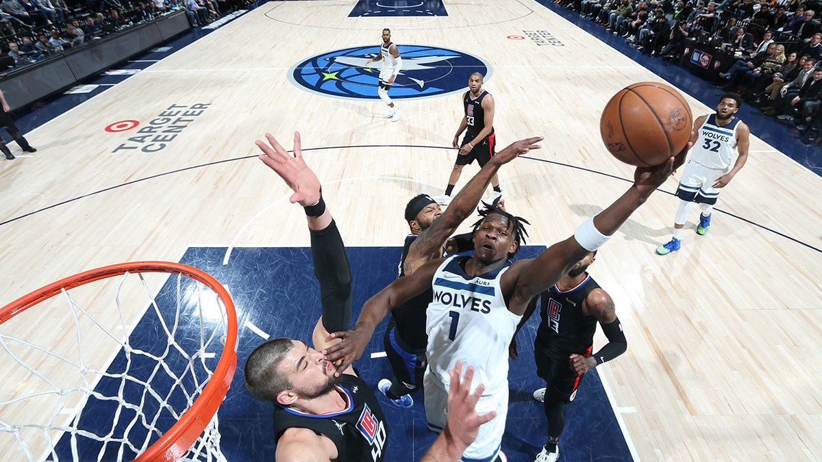 Anthony Edwards #1 of the Minnesota Timberwolves drives to the basket against the LA Clippers during the 2022 Play-In Tournament on April 12, 2022 at Target Center in Minneapolis, Minnesota. 