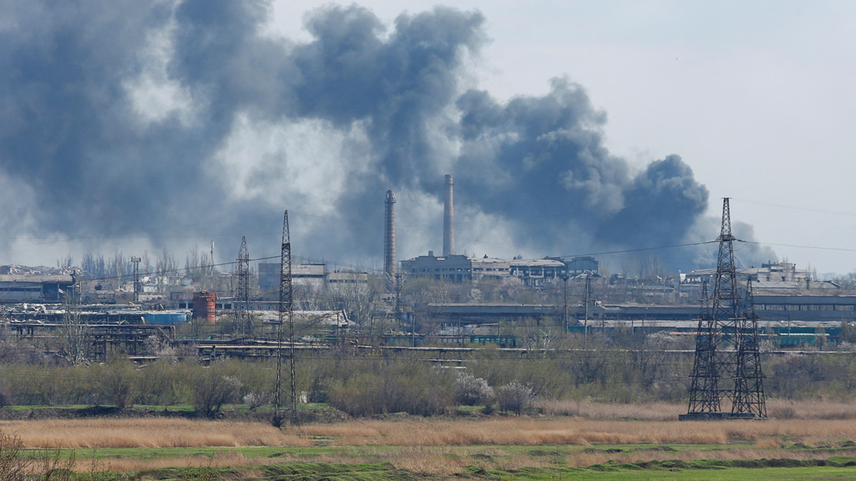 Smoke rises above the Mariupol Azovstal Iron and Steel Works factory Wednesday April 20.