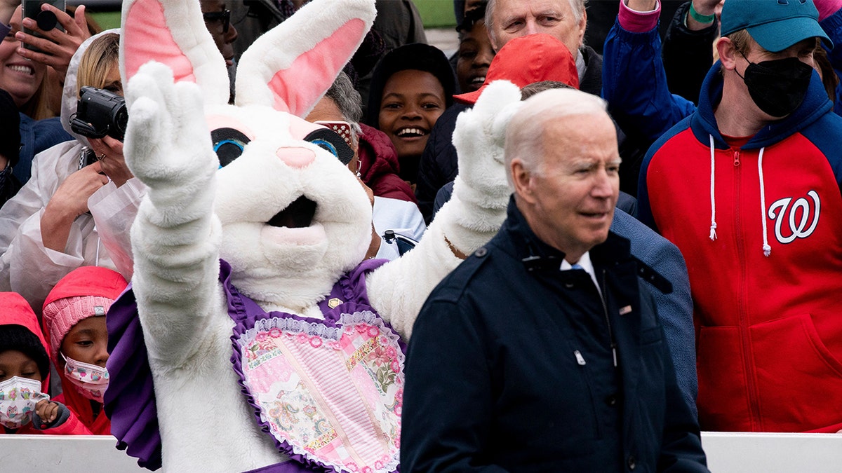 The Easter Bunny gestures to President Joe Biden during the annual Easter egg roll on the South Lawn of the White House in Washington, D.C., on April 18, 2022.
