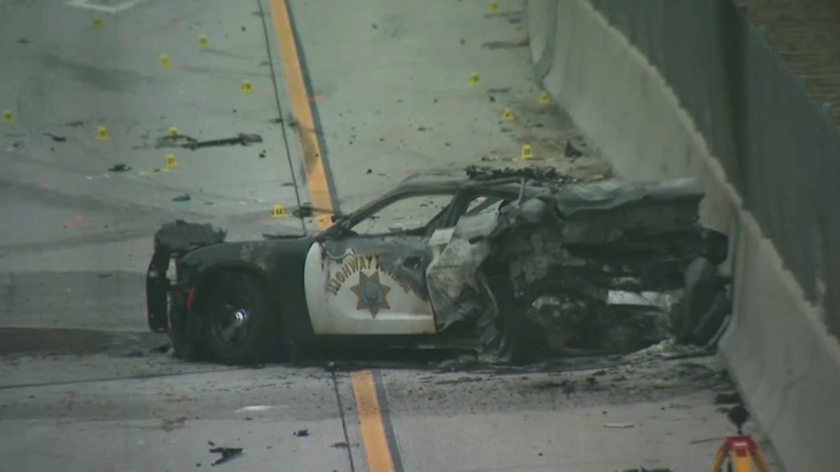 Three California Highway Patrol officers were injured in a fiery crash April 28, 2022. 