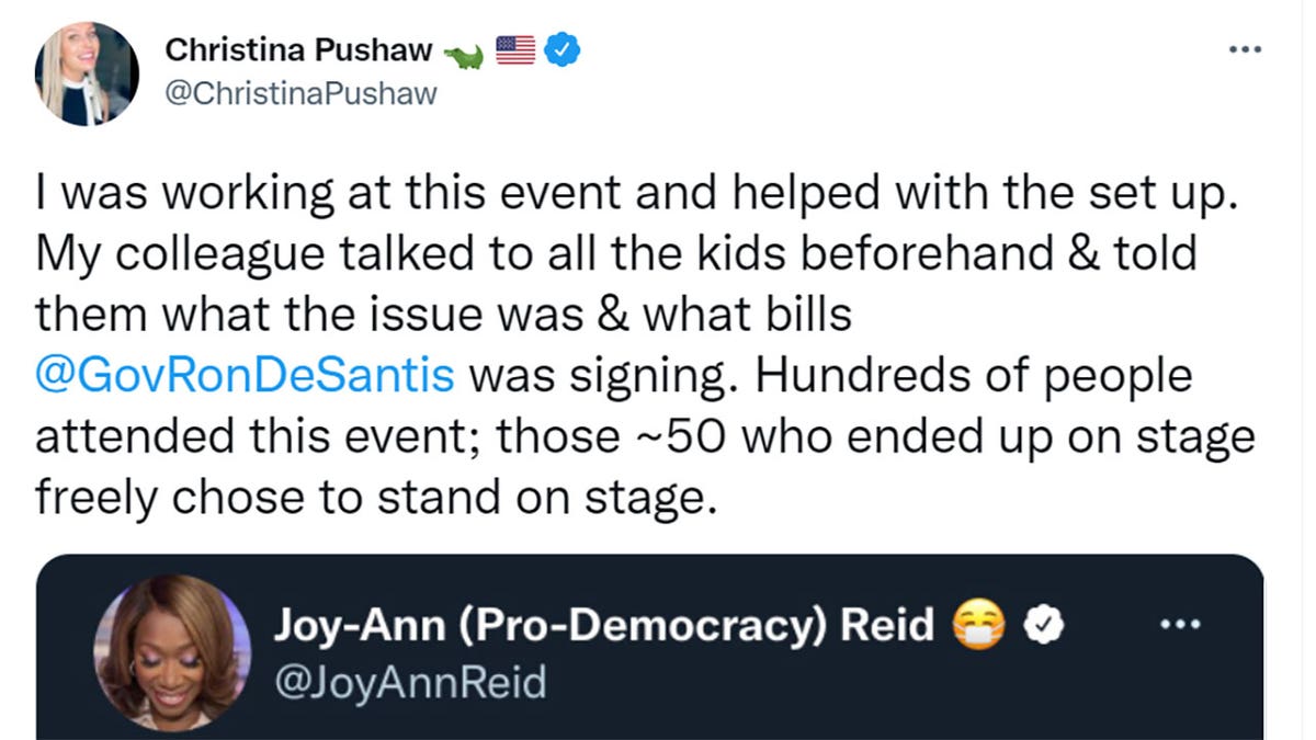 Christina Pushaw tweeted "I was working at this event and helped with the set up. My colleague talked to all the kids beforehand & told them what the issue was & what bills @GovRonDeSantis was signing. Hundreds of people attended this event; those ~50 who ended up on stage freely chose to stand on stage."