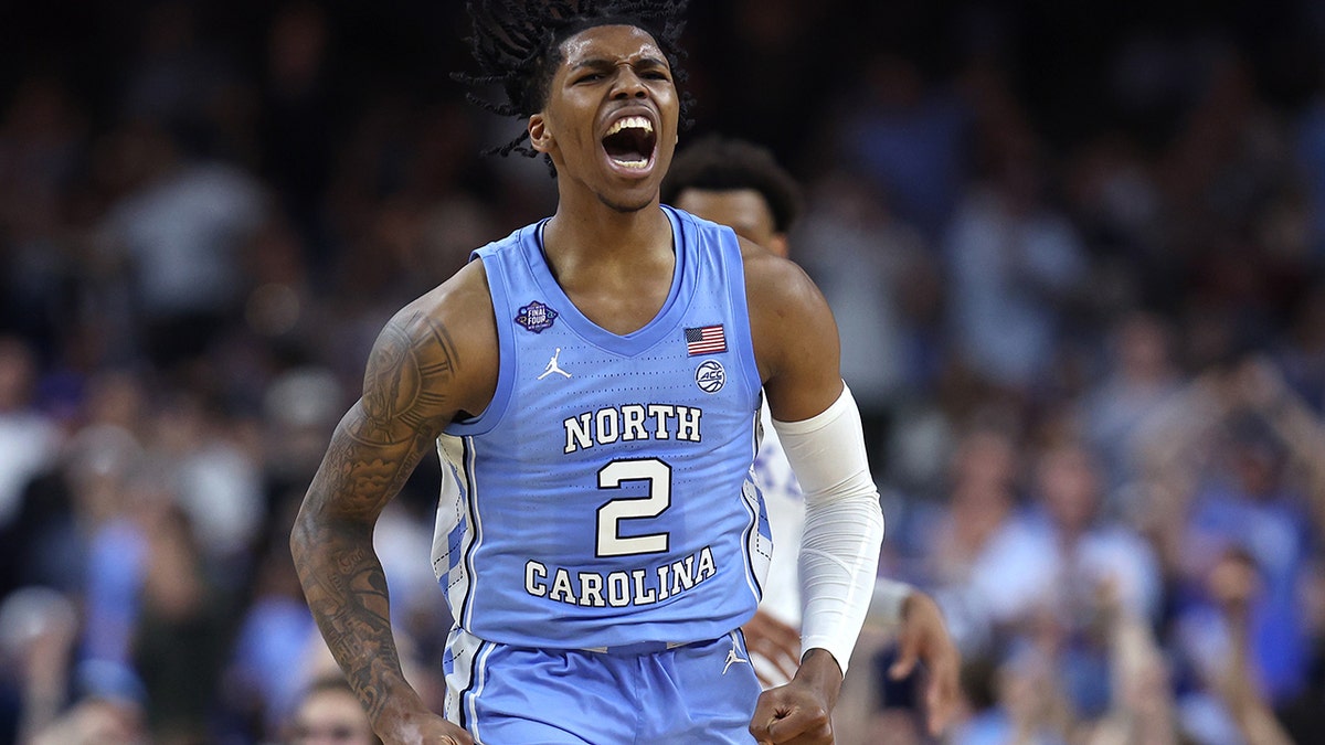 Caleb Love #2 of the North Carolina Tar Heels reacts in the second half of the game against the Duke Blue Devils during the 2022 NCAA Men's Basketball Tournament Final Four semifinal at Caesars Superdome on April 02, 2022 in New Orleans, Louisiana.
