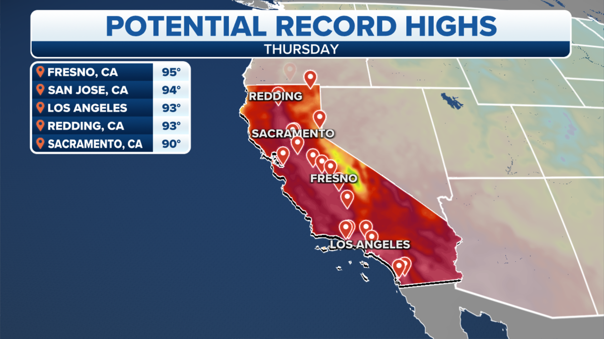 Map of California's potential record high temperatures