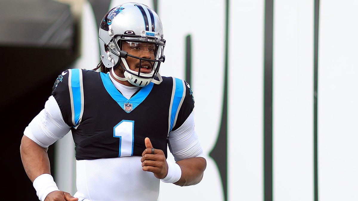 Cam Newton #1 of the Carolina Panthers warms up prior to a game against the Tampa Bay Buccaneers at Raymond James Stadium on January 09, 2022 in Tampa, Florida.