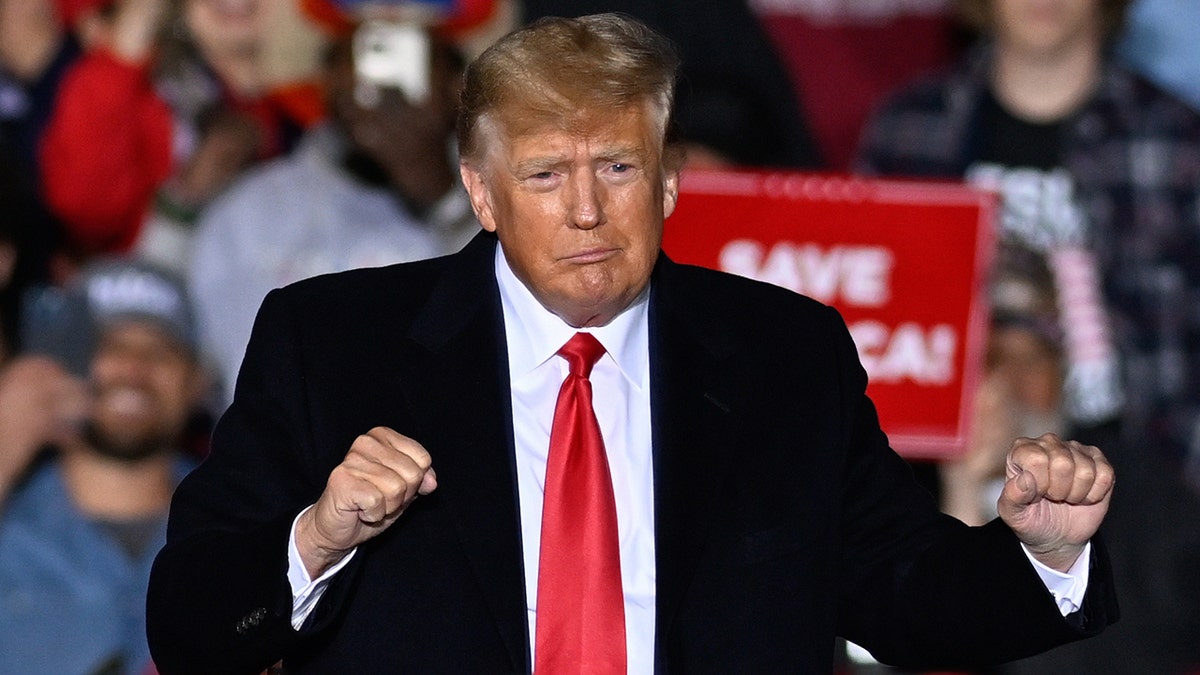 Former President Donald Trump holds a rally sponsored by Save America with Ted Budd, Madison Cawthorn, Bo Hines, Dan Bishop, Mark Robinson and Greg Murphy in Selma, North Carolina, on April 9, 2022. (Photo by Peter Zay/Anadolu Agency via Getty Images)