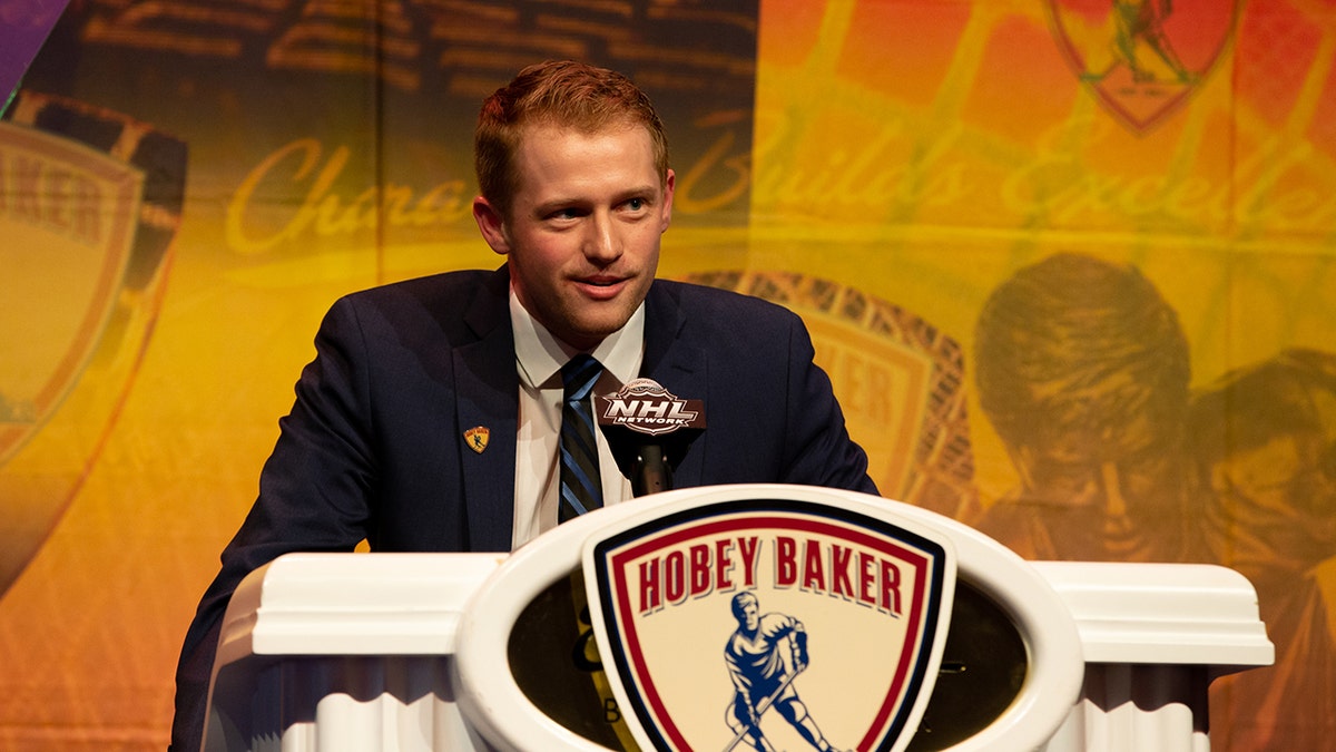 Dryden McKay #29 of the Minnesota State Mavericks wins the 2022 Hobey Baker Memorial Award during a ceremony at the Encore Boston Harbor Resort on April 8, 2022 in Everett, MA.