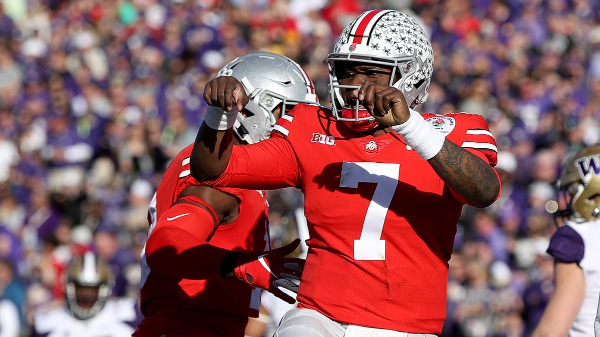 Dwayne Haskins #7 of the Ohio State Buckeyes celebrates after a 12-yard touchdown during the first half in the Rose Bowl Game presented by Northwestern Mutual at the Rose Bowl on Jan. 1, 2019 in Pasadena, California. 