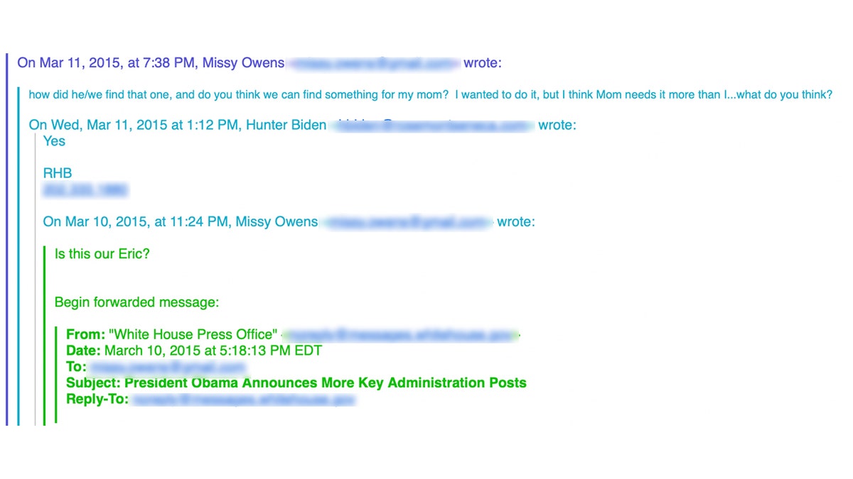 The March 2015 email exchange between Missy and Hunter was in response to a White House press release announcing that Hunter’s longtime business partner, Eric Schwerin, was appointed to the Commission for the Preservation of America’s Heritage Abroad.