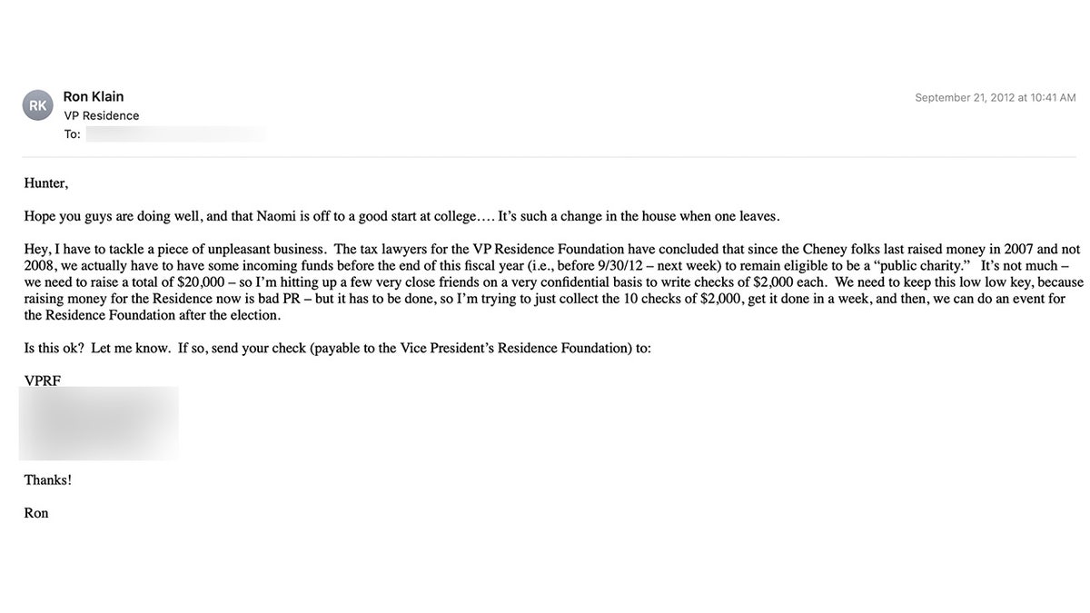 In 2012, Ron Klain emailed Hunter Biden to solicit him for a donation to the Vice Presidents Residence Foundation.
