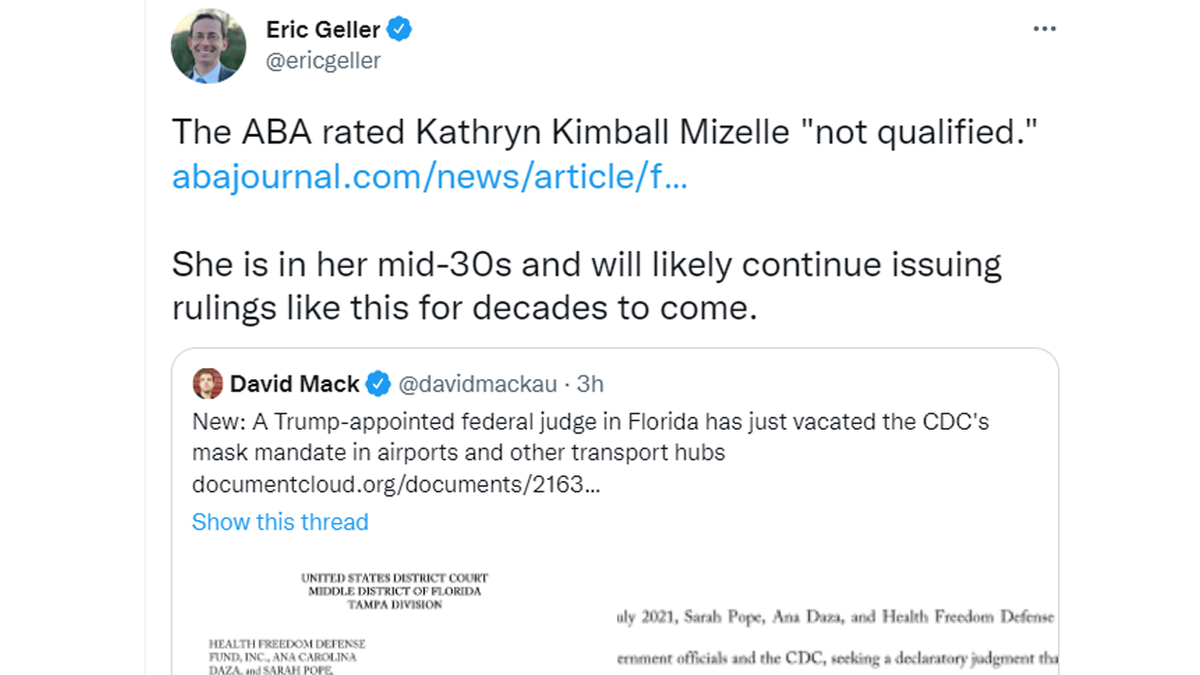Eric Geller tweet on Judge Kathryn Kimball Mizelle's ruling