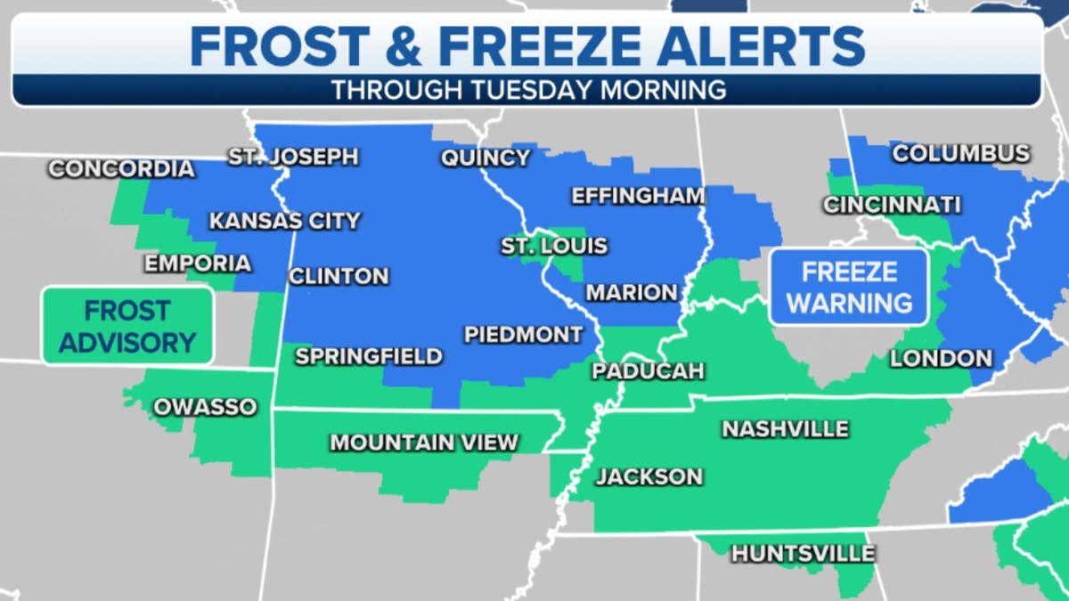 Map of frost freeze alerts