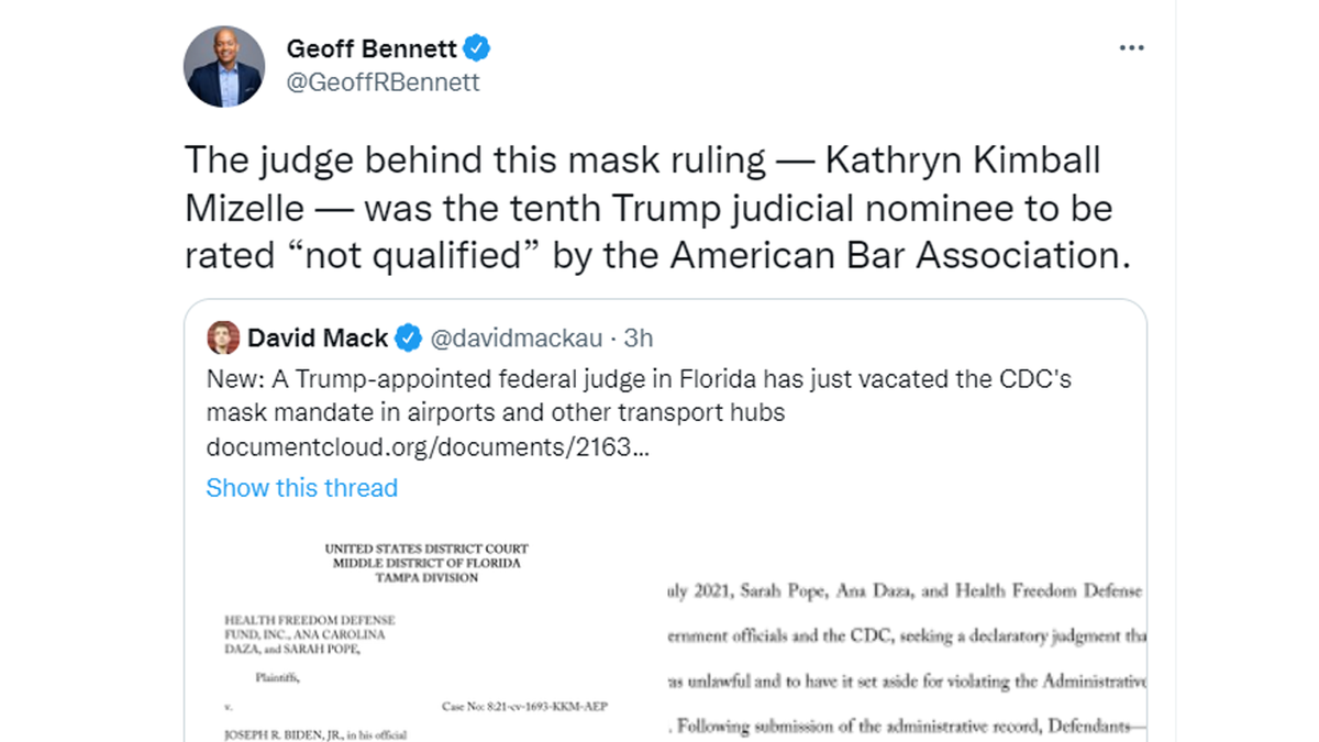 Geoff Bennett tweet on Judge Kathryn Kimball Mizelle's ruling