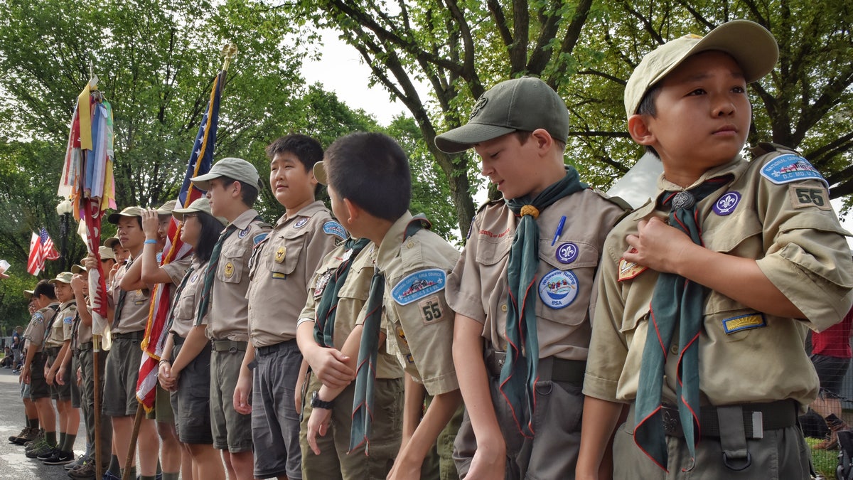 Boy Scouts from Troop 55, of Falls Church Va., prepare for the approaching the National Independence Day Parade on Constitution Avenue in Washington D.C. on July 4, 2019.