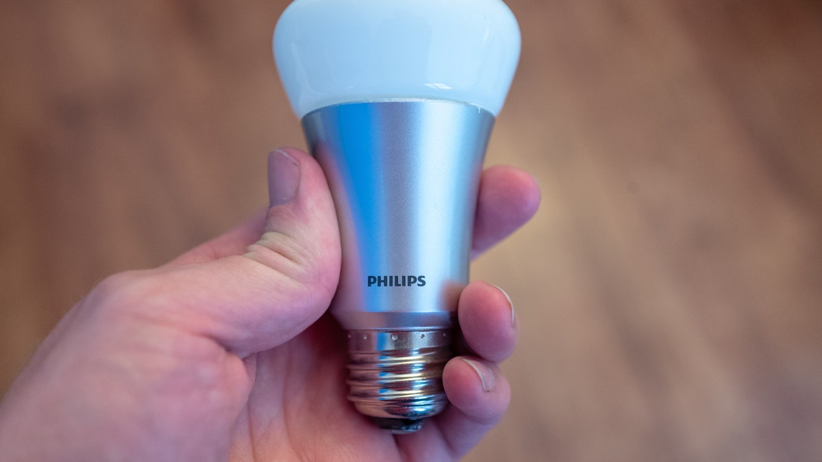 Close-up of hand of a man holding a Philips Hue web-connected smart lightbulb, August 29, 2019. (Photo by Smith Collection/Gado/Getty Images)