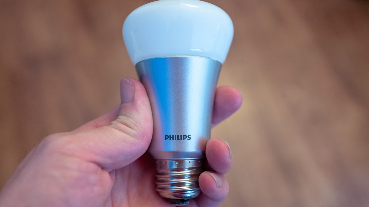 Close-up of hand of a man holding a Philips Hue web-connected smart lightbulb, August 29, 2019. (Photo by Smith Collection/Gado/Getty Images)