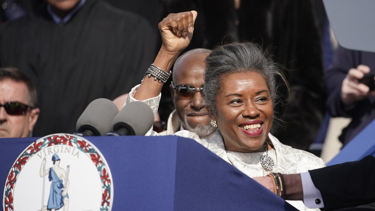 Winsome Sears, lieutenant governor of Virginia, gestures after being sworn in during an inauguration ceremony for Virginia Governor Glenn Youngkin at Capitol Squarein Richmond, Virginia,