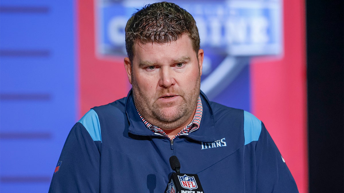 General manager, Jon Robinson of the Tennessee Titans speaks to reporters during the NFL Draft Combine at the Indiana Convention Center on March 2, 2022, in Indianapolis, Indiana.