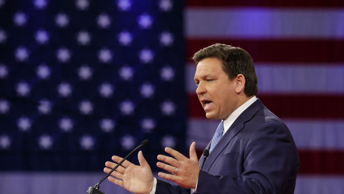 In this photo from Feb. 24, 2022, Florida Gov. Ron DeSantis delivers remarks at the 2022 CPAC conference at the Rosen Shingle Creek in Orlando. (Joe Burbank/Orlando Sentinel/Tribune News Service via Getty Images)