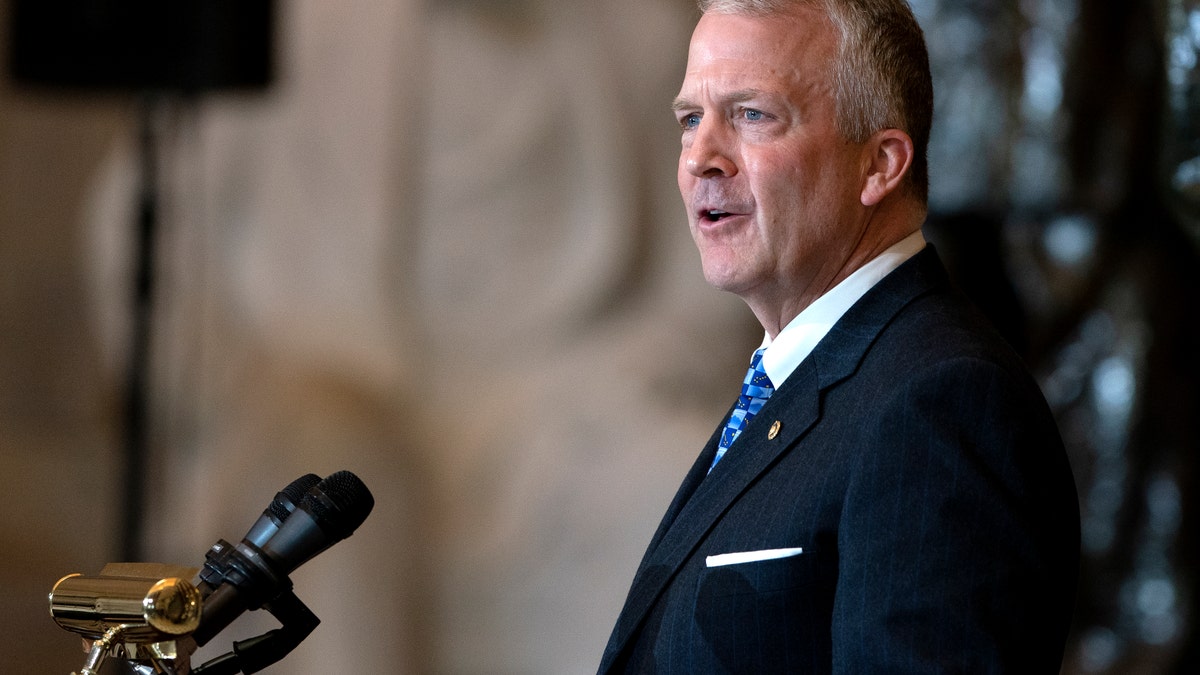 Sen. Dan Sullivan (R-AK) gives a remembrance gives a remembrance of late Rep. Don Young (R-AK) as he lies in state in Statuary Hall at the U.S. Capitol on March 29, 2022 in Washington, DC.