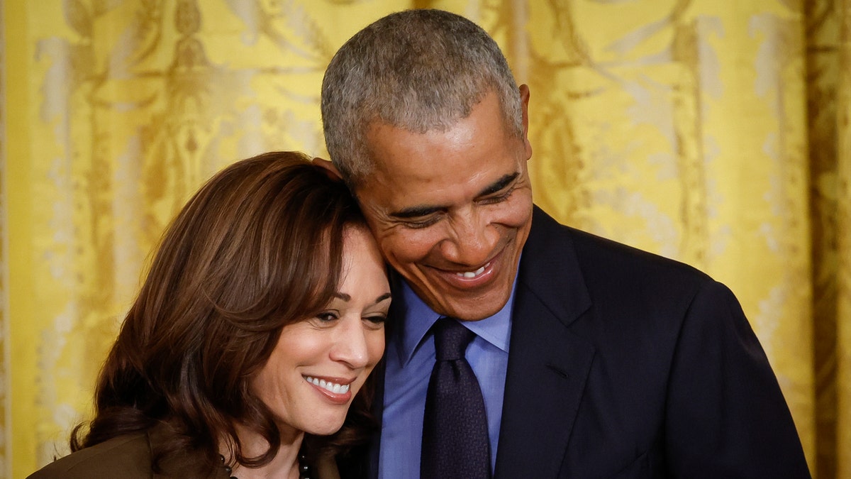 Former President Barack Obama hugs Vice President Kamala Harris during an event to mark the 2010 passage of the Affordable Care Act in the East Room of the White House on April 5, 2022 in Washington, DC. With then-Vice President Joe Biden by his side, Obama signed 'Obamacare' into law on March 23, 2010