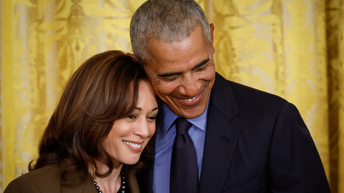 Former President Barack Obama hugs Vice President Kamala Harris during an event to mark the 2010 passage of the Affordable Care Act in the East Room of the White House on April 5, 2022 in Washington, DC. With then-Vice President Joe Biden by his side, Obama signed 'Obamacare' into law on March 23, 2010