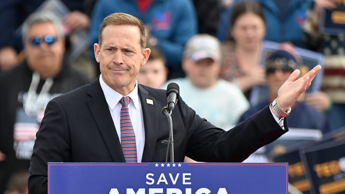 SELMA, USA - APRIL 9: Bo Hines speaks during former US President Donald Trump's rally sponsored by Save America with Ted Budd, Madison Cawthorn, Bo Hines, Dan Bishop, Mark Robinson and Greg Murphy in Selma, NC, on April 9, 2022.