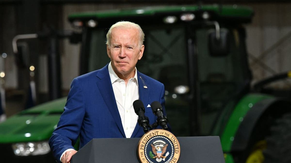 President Joe Biden announces steps to ease rising consumer prices at POET Bioprocessing in Menlo, Iowa, on April 12, 2022.
