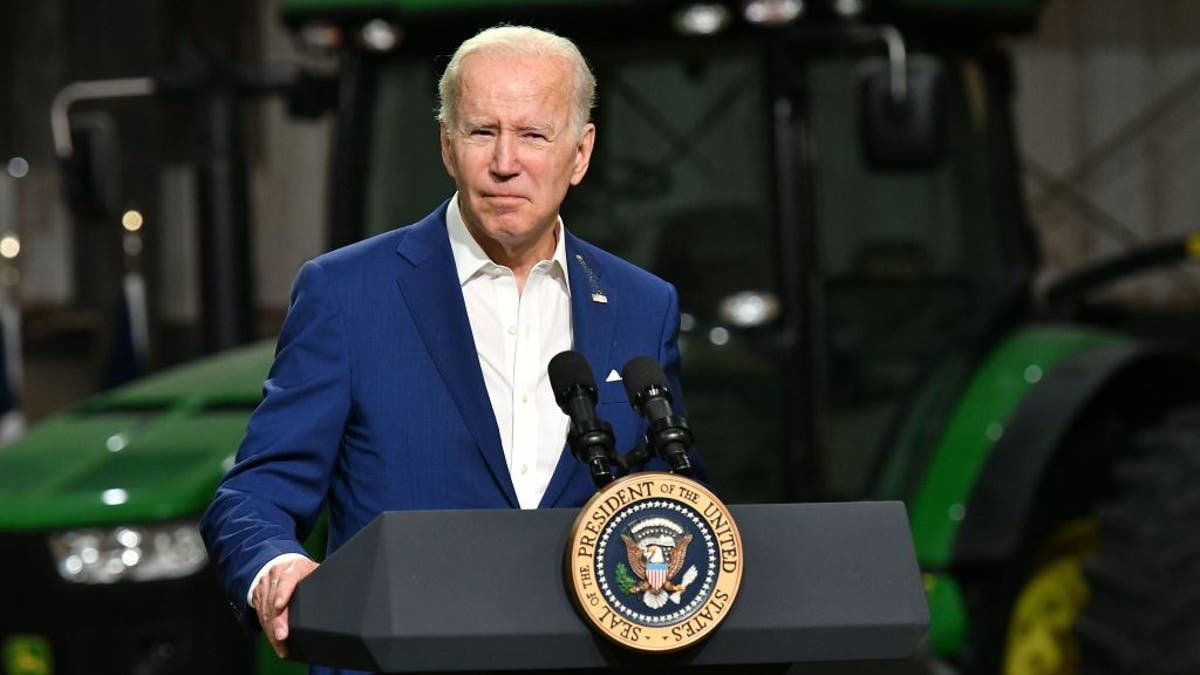 President Joe Biden announces steps to ease rising consumer prices at POET Bioprocessing in Menlo, Iowa, on April 12, 2022.