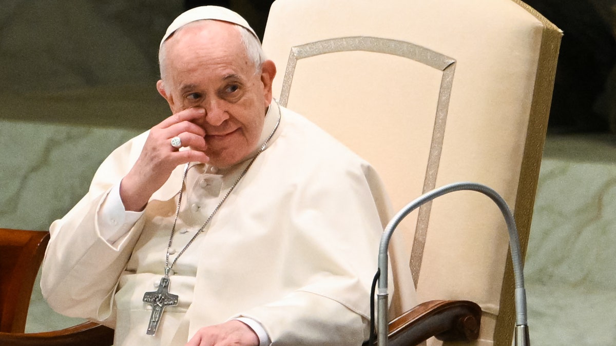Pope Francis reacts during the weekly general audience on April 13, 2022 at Paul-VI hall in The Vatican. (Photo by Andreas SOLARO / AFP) (Photo by ANDREAS SOLARO/AFP via Getty Images)