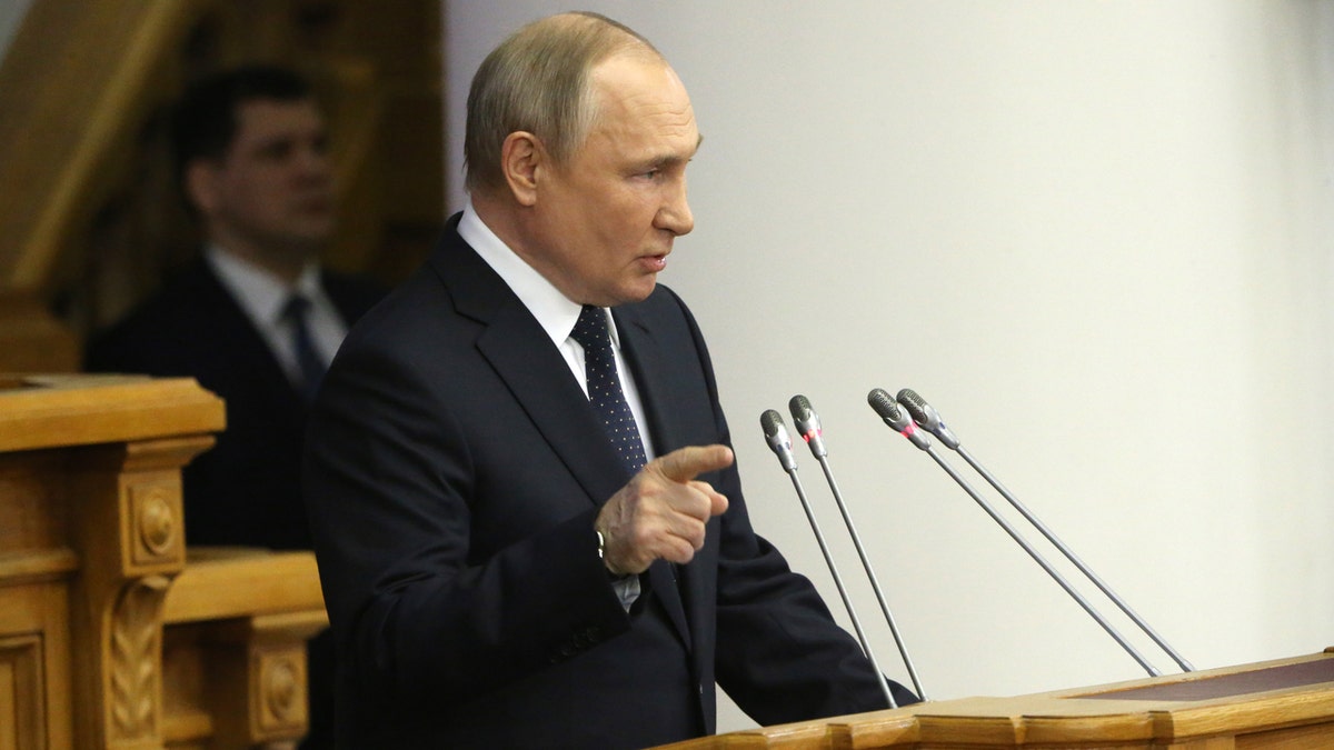 Russian President Vladimir Putin speaks during the Council of Lawmakers at the Tauride Palace, on April 27, 2022, in Saint Petersburg, Russia.