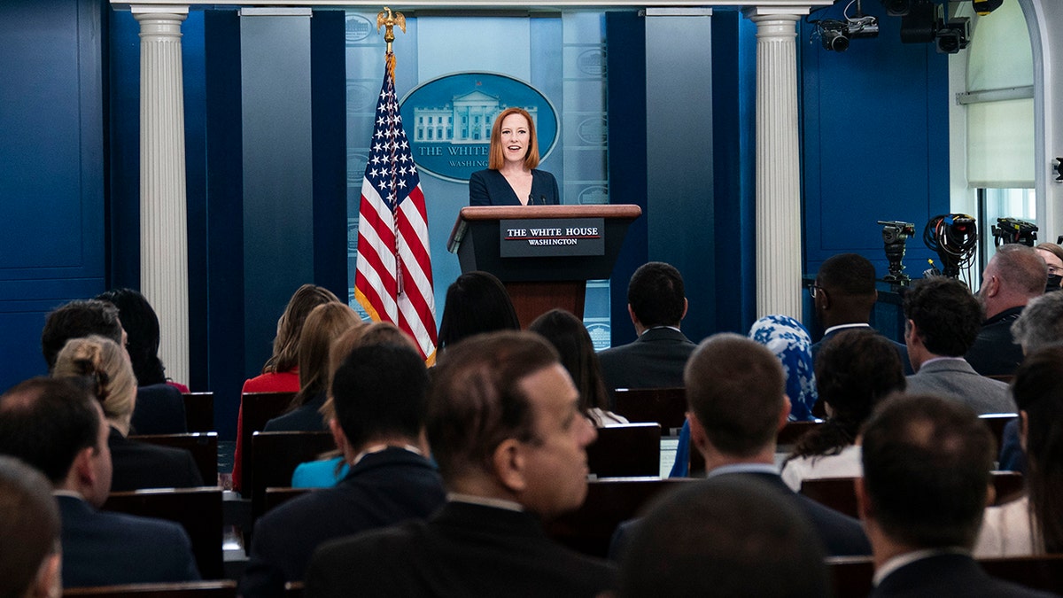 WASHINGTON, DC - APRIL 29: White House Press Secretary Jen Psaki speaks at a daily press conference in the James Brady Press Briefing Room of the White House on April 29, 2022 in Washington, DC. During the briefing Psaki took questions on the war in Ukraine and gas prices. (Photo by Sarah Silbiger/Getty Images)