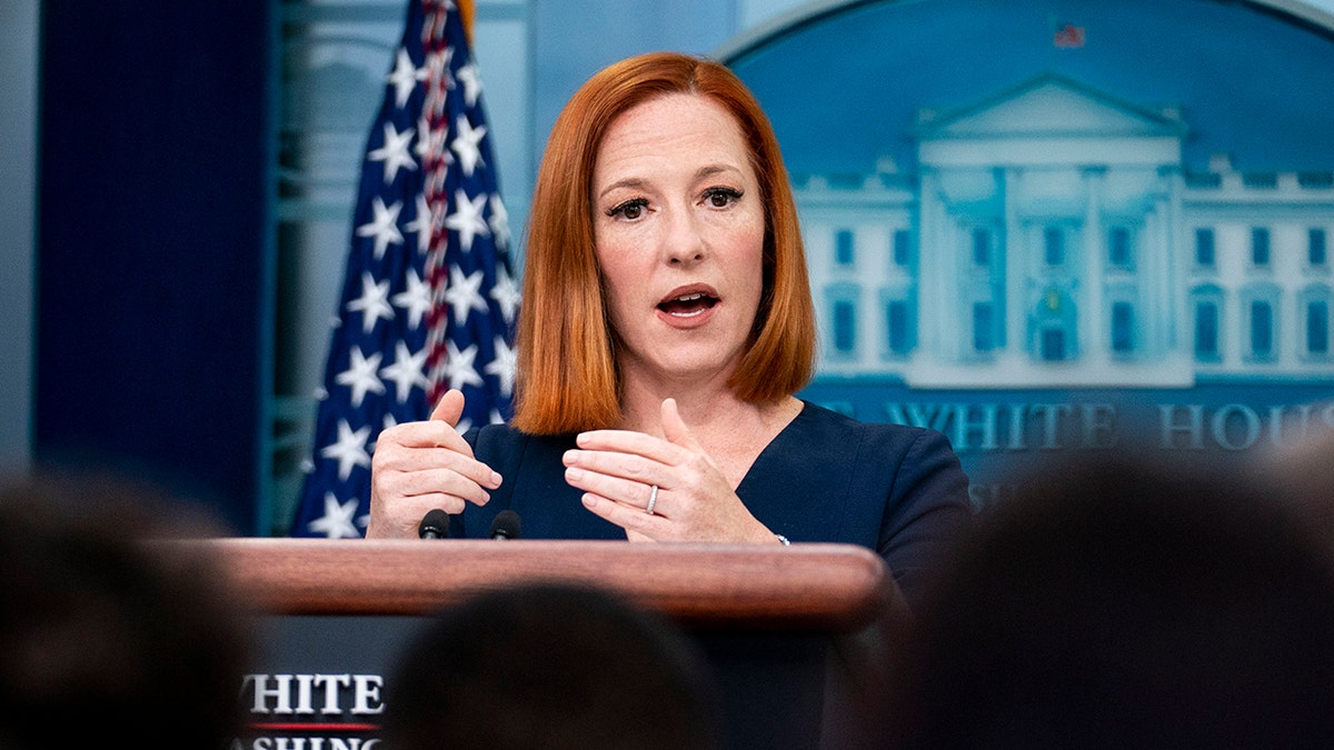 WASHINGTON, DC - APRIL 29: White House Press Secretary Jen Psaki speaks at a daily press conference in the James Brady Press Briefing Room of the White House on April 29, 2022 in Washington, DC. During the briefing Psaki took questions on the war in Ukraine and gas prices. (Photo by Sarah Silbiger/Getty Images)