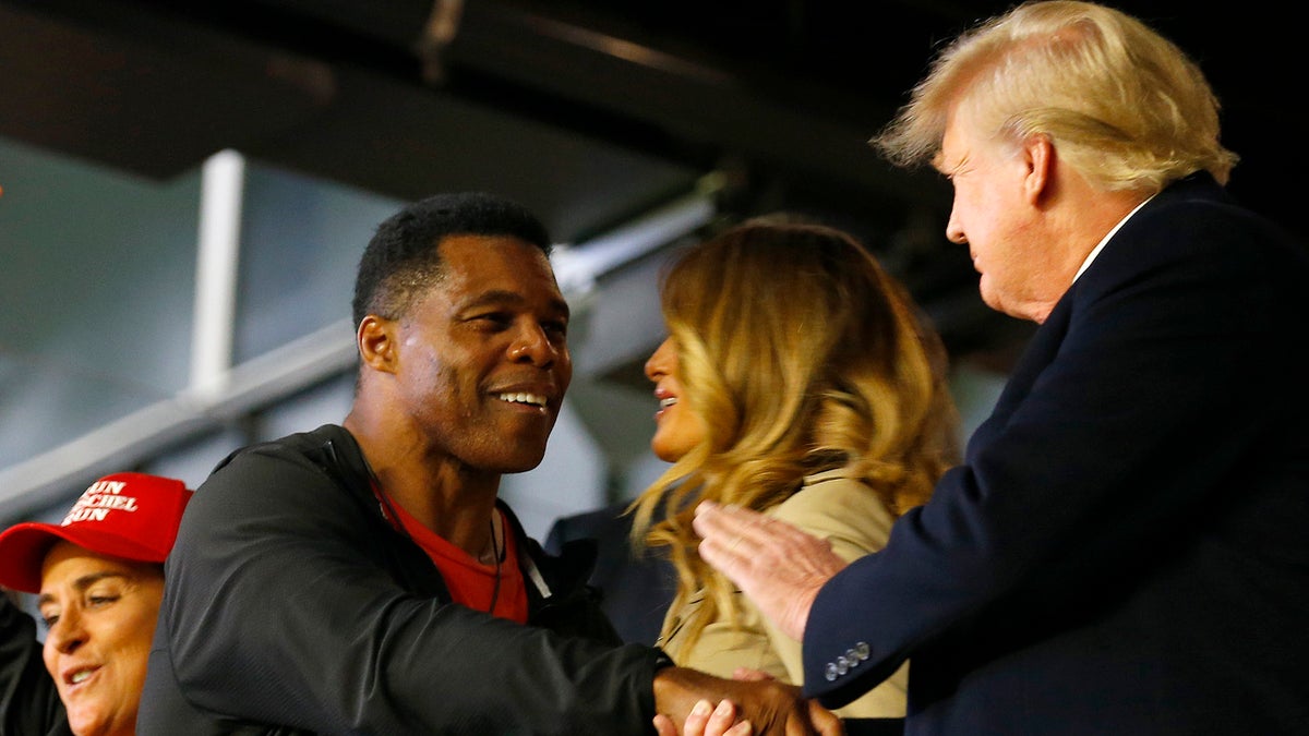 Former football player and political candidate Herschel Walker interacts with former president of the United States Donald Trump