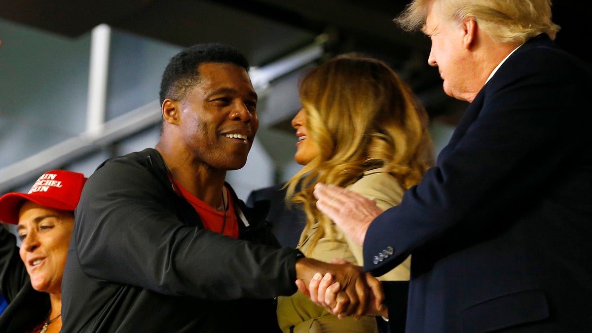 Former football player and political candidate Herschel Walker interacts with former president of the United States Donald Trump