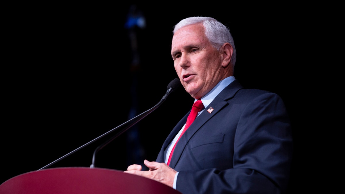Former Vice President Mike Pence speaks at Stanford University's Dinkelspiel Auditorium, Thursday, Feb. 17, 2022, in Stanford, Calif. The Stanford College Republicans hosted the former vice president in an event titled "How to Save America from the Woke Left."