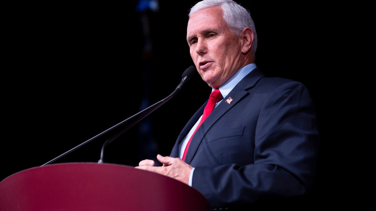 Former Vice President Mike Pence speaks at Stanford University's Dinkelspiel Auditorium, Thursday, Feb. 17, 2022, in Stanford, Calif. The Stanford College Republicans hosted the former vice president in an event titled "How to Save America from the Woke Left."