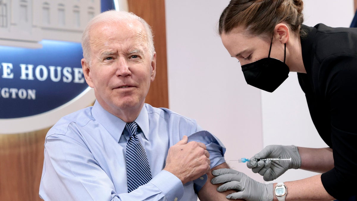 President Joe Biden receives a fourth dose of the Pfizer/BioNTech Covid-19 vaccine in the South Court Auditorium on March 30, 2022 in Washington, DC. Before receiving his second booster shot President Biden gave remarks calling on Congress to pass further legislation to provide more funding to aid the Covid-19 pandemic response.